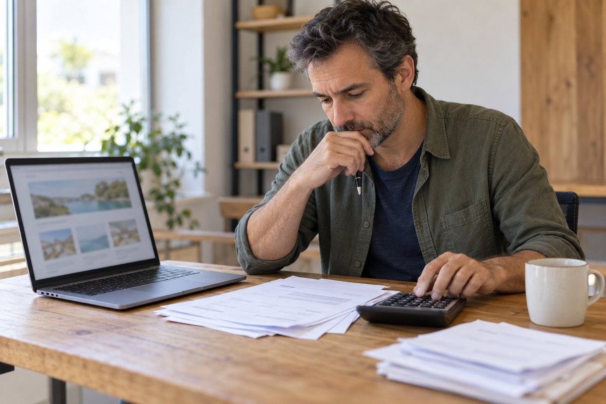 Un homme d'affaires d'une quarantaine d'années travaille sur un ordinateur portable entouré de factures et d'une calculatrice, illustrant le budget mensuel d'un site internet pour une PME.
